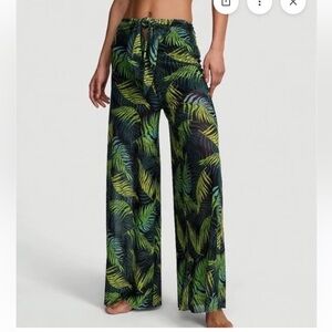 Victoria's Secret Black Mesh Wide-Leg Lounge Pants with Green Palm Print